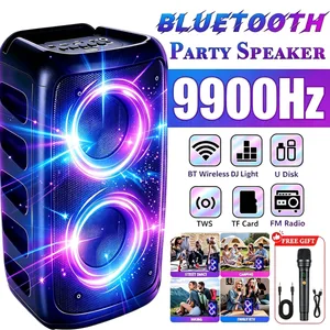 9900Hz professionell stor Bluetooth-högtalare med mikrofon Bärbar design med subwoofer Party Box LED-lampor Kompatibel med BT/USB/TF/AUX/FM/TWS/MIC/EQ-funktioner Professionell karaoke. Perfekt present till födelsedagar jul och nyår
