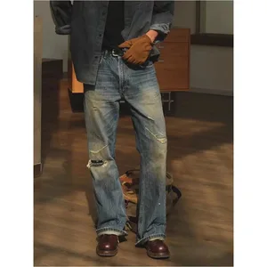กางเกงยีนส์ผู้ชาย Distressed Ripped Torn Faded Ombre ล้างขาตรงไม่ยืดยาวกางเกงผู้ชาย Streetwear แฟชั่นอินเทรนด์