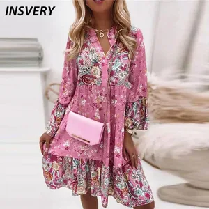 Spring Mini Dresses Para sa mga Babae Summer New Casual Loose Long Sleeve V-Neck Beach Sundress Ladies Short Party Dress