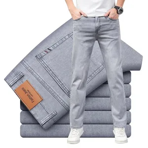 Marca de verão masculina ajuste reto leve algodão estiramento jeans negócios casual cintura alta fina luz cinza calças dos homens