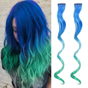 2pcs 16 Inch Colorful Hair Extensions Synthetic Ombre Wavy Clip in Hair Extensions Lightweight Hairpieces for Women Party Wear