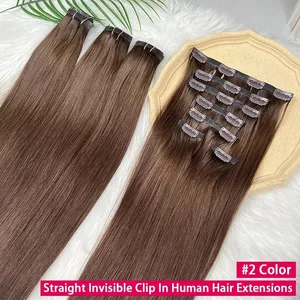 #2 Color Invisible Seamless Clip in Hair Extensions Rak PU Inslagsclips I Double Weft 100 % rått jungfruligt människohår 7st/100g
