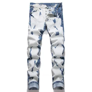 Men Slim Tapered Stretch Jeans Streetwear Bleached Denim Pants Casual Buttons Fly Blue White Cotton Trousers