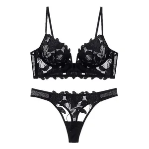 Frauen Rot Floral Spitze Dessous Set Sheer Bügel Dünnen Bh Passenden Tanga Höschen Sexy Hohl Dessous