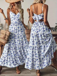 Pambabaeng Blue Floral Print Maxi Dress V-Neck Spaghetti Strap Backless Bow Tie Tiered Long Dress 2026 Summer Casual Beach Sundress