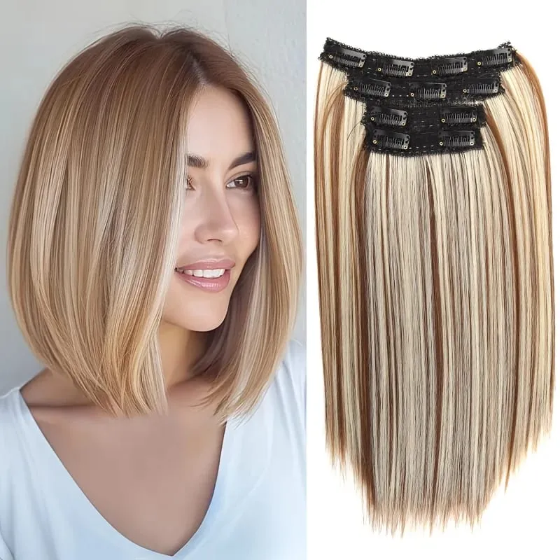 Straight Bob Clip In Hair Extensions Synthetic Highlight Clip On Hairpieces Thin Straight For Women Short Bob Daily Hairstyle