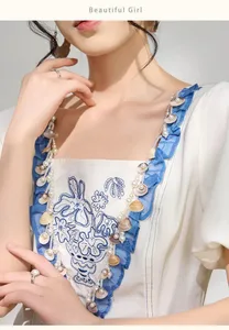 2026 mode vintage mesh splejset fransk taljekjole sommer ny firkantet hals flæse hvid lang kjole til kvinder，Engrossupport