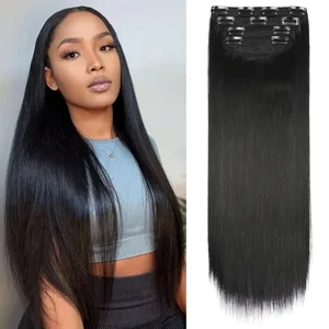 20" Lurus Super Panjang 7 PCS Set Klip Tebal di Rambut Ekstensi Sintetis Lurus Kepala Penuh Hitam untuk Afrika Amerika