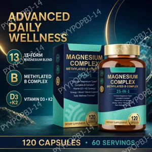 Komplex hořčíku 25 v 1 s glycinát citrát malát vitamín D3 K2 B12 methylfolát pro relaxační energii nervů 120 kapslí