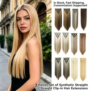 7 Stk 16 Clips Clip In Hair Extensions 150 g Lange lige syntetiske hårstykker Til Kvinder Naturlig Sort Brun Highlight Blond