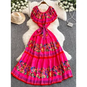 Robe d'été à fleurs de la cour française, asymétrique épaule dénudée, avec lien à la taille, pour un Look amincissant et gracieux
