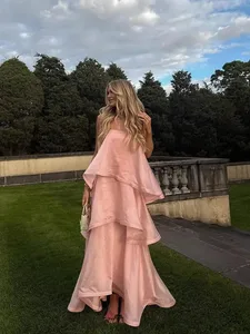 Robe longue rose sans bretelles, à volants, sans manches, dos nu, ample, élégante, pour vacances, plage, soirée, nouvelle collection 2025