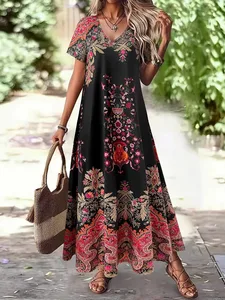 여성 플러스 사이즈 빈티지 페이즐리 꽃 프린트 맥시 드레스 여름 캐주얼 V 넥 반팔 루즈 Boho Beach Long Sundress