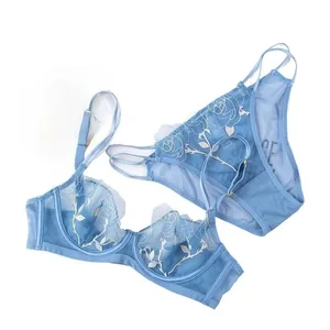 Francês sexy meia xícara transparente roupa interior feminina ultra-fino humor sutiã de renda conjunto juntos seios grandes mostrar sutiã pequeno