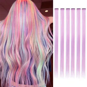Clip in One Piece Hair Extension 6pcs/pack Unicorn Color Rainbow Pink Blue Purple Mixed Color Clip in Synthetic Hair Accessories