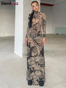 Estranho puss malha impressão feminina maxi vestido gola alta manga cheia bodycon outono na moda hipsters festa de rua alta y2k trajes