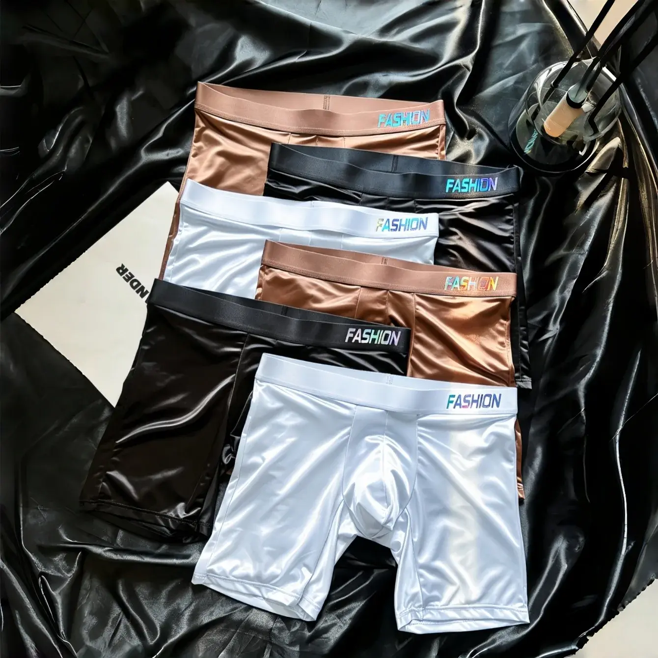 Cueca boxer masculina de cetim brilhante, perna longa, gradiente, moda, ultra suave, macia, alta elasticidade, cintura baixa, roupa íntima masculina