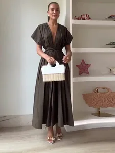 Sexy V-neck Pleated Lace Up Dress Women 