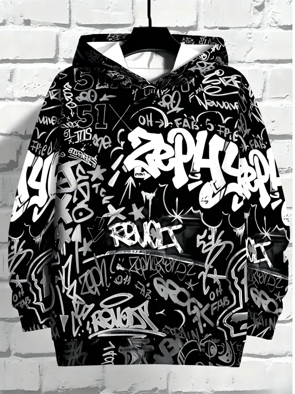 Bluza z Kapturem Europejska i Amerykańska Męska Jesienna Gotycka Grafitti Nadruk Miękka i Wygodna Bluza z Kapturem Outdoor Street Top