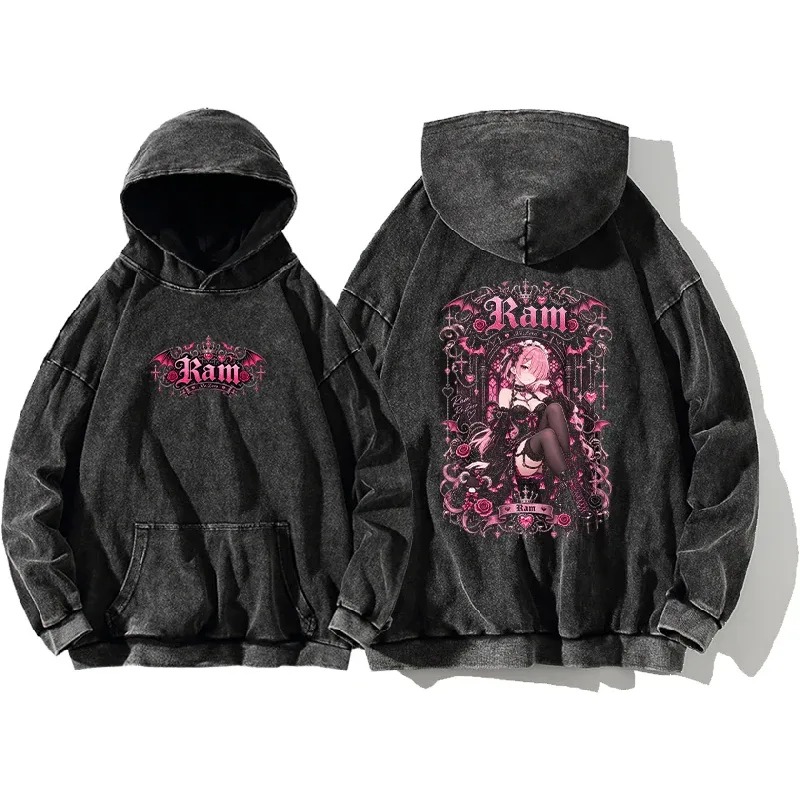 Anime Re:Zero Ram Gothic Hoodies Vintage gewassen streetwear heren dameskleding herfst lange mouwen oversized 100% katoenen top met capuchon