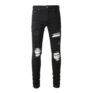 Mannen gebarsten zilveren lederen patch biker jeans streetwear skinny taps toelopende stretch denim broek gaten gescheurde patchwork zwarte broek