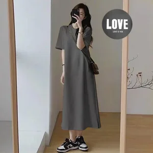 여성 플러스 사이즈 러브 프린트 캐주얼 맥시 드레스 사이드 스플릿 반소매 o 넥 루즈 티셔츠 드레스