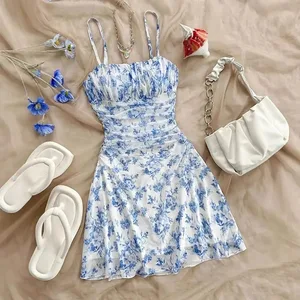 Sommer Frauen Elegante Blumen Mini Kleid Mode Falten Hohe Taille Schlank A-linie Kleider Dame Sexy Backless Spaghetti Strap Sommerkleid