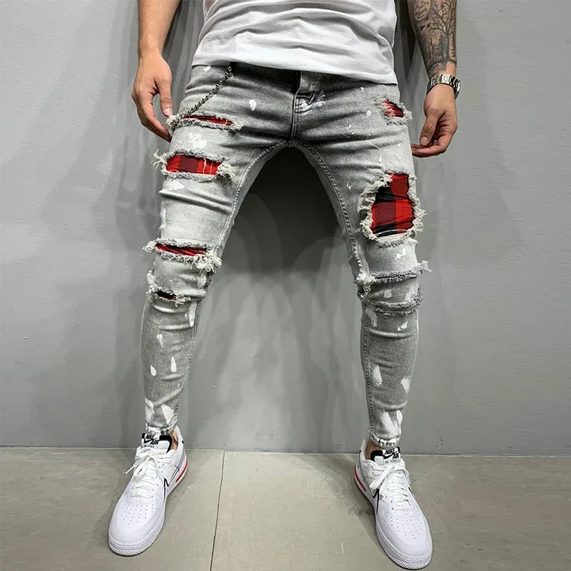 Bagong Panlalaking Skinny Ripped Jeans Fashion Grid Hole Endothecium Patches Slim Fit Stretch Casual Denim Pencil Pants Jogging Trousers