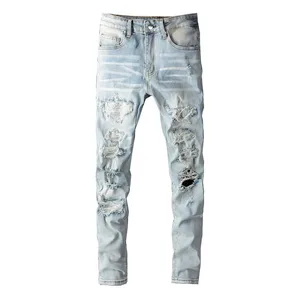Heren Crystal Holes Gescheurde Patchwork Jeans Streetwear Lichtblauwe Denim Slanke Skinny Potloodbroek Broek