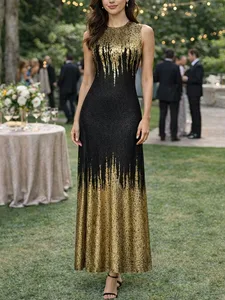 Abito formale da donna elegante con scollo tondo senza maniche, da sera, per matrimonio, lunghezza fino al pavimento, abito formale con paillettes con orlo a sirena in oro nero