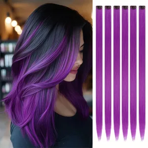 Extensions de cheveux bleus à clipser, 6 pièces, mèches colorées, Extensions de cheveux synthétiques, postiche arc-en-ciel de 24 pouces, robe de fête d'anniversaire