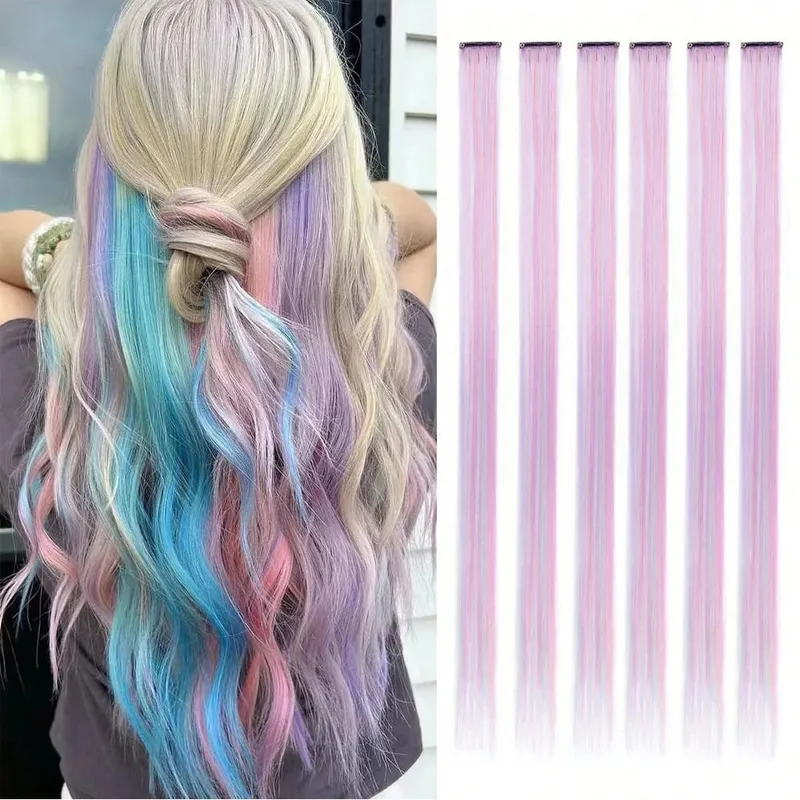 6pcs/set Unicorn Color Rainbow Clip sa One Piece Hair Extension Pink Blue Purple Mixed Color Clip sa Synthetic Hair Accessories