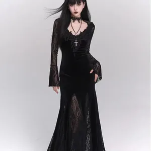 Vinter Gotisk Grunge Spetsklänning Koreansk Modedesign Festival Lång Balklänning Kvinnor Halloween Kostym Sexiga Slimma Festklänningar
