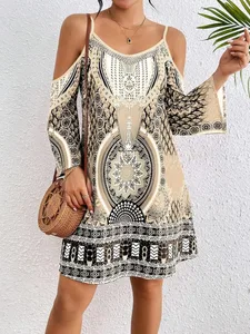 Women's Vintage off Shoulder Spaghetti Strap Dress Floral Print Casual Vacation Elegant Sleeveless Summer Dress