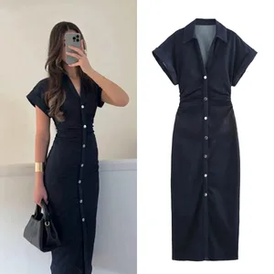 ETJ 2025 ฤดูใบไม้ผลิใหม่ 1975 Series DENIM MIDI Dressพร้อมซิปด้านข้างปกแฟชั่นริ้วรอยเอวSlim Elegant Dress