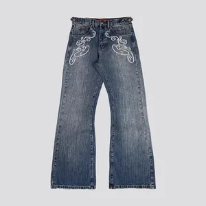 Y2k kék nyitható bootcut farmerek Vintage mosott hímzés férfi női nadrágok Harajuku High Street utcai ruházat Uniszex alkalmi farmer