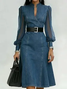 Utcai ruházat farmer A vonalú nyári női ruha tüll puff hosszú ujjú, átlátszó V nyakú maxi ruhák Vintage Jean ruha övvel