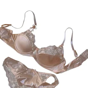 Francês premium cetim meia xícara de renda roupa interior feminina fina sexy reunião suporte superior conjunto sutiã brilhante seios grandes pequeno 32-38 conjunto
