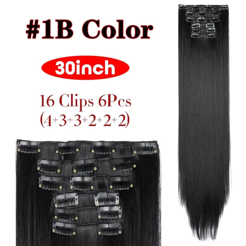 Leeons Black Hair Extension 30"/75Cm 150G 6Pcs/Set Women Long Straight Synthetic Hair Full Head Clip In Hair Extensions Pieces