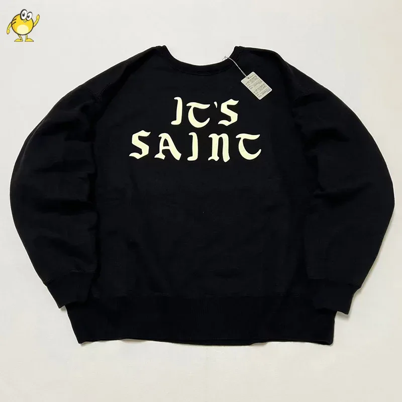 Washed Black High Street Damaged Vintage Colorful Print Round Neck SAINT Hoodies Men Woman Casual Loose Pullover Sweatshirts