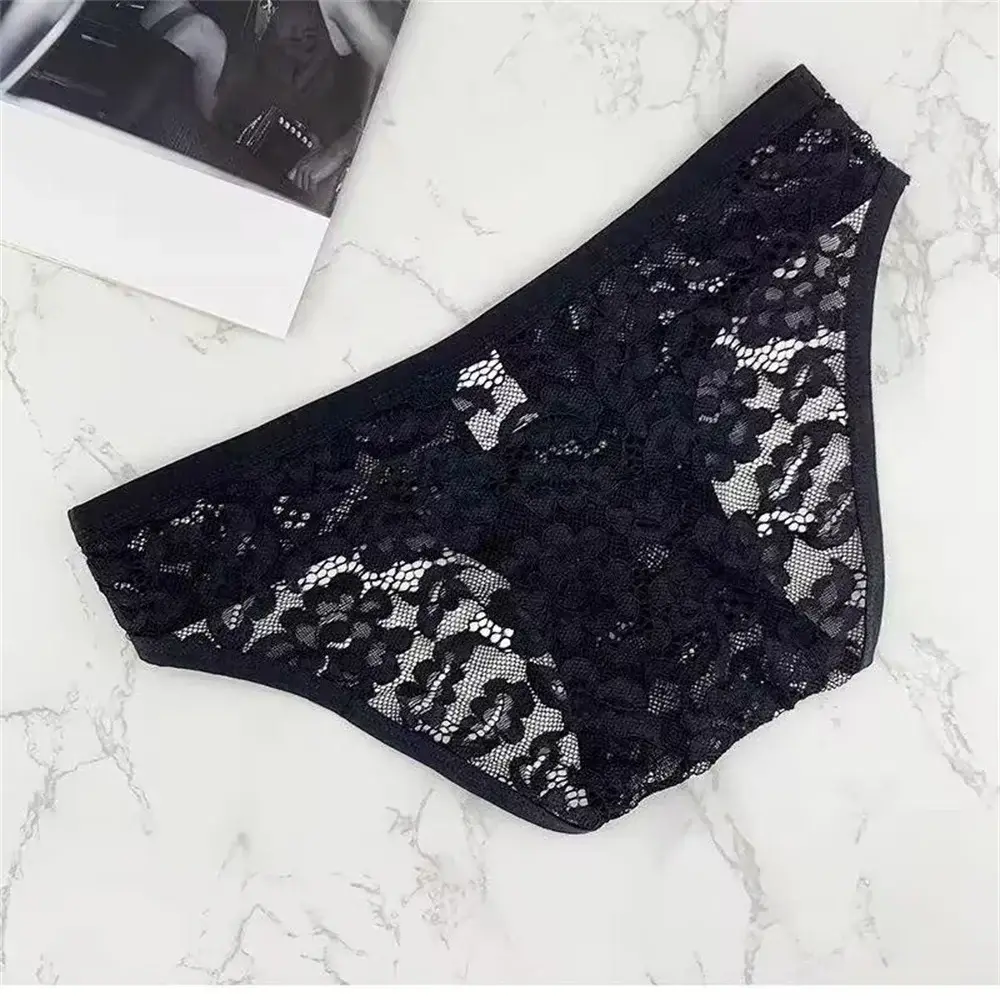 Men's Hollow Out Lace Briefs Shorts Transparent Mesh Underwear Plus Size Underpants Ultra-thin Breathable Jacquard Panties