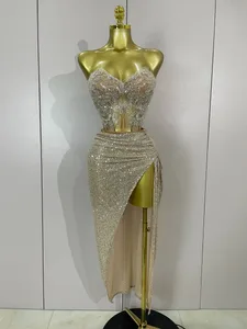 Sparkly Pailletten Perlen Sexy Liebsten Zwei Stücke Set Frauen Abend Feiern Nachtclub Party Luxus Geburtstag Kleid Bühne Kostüm