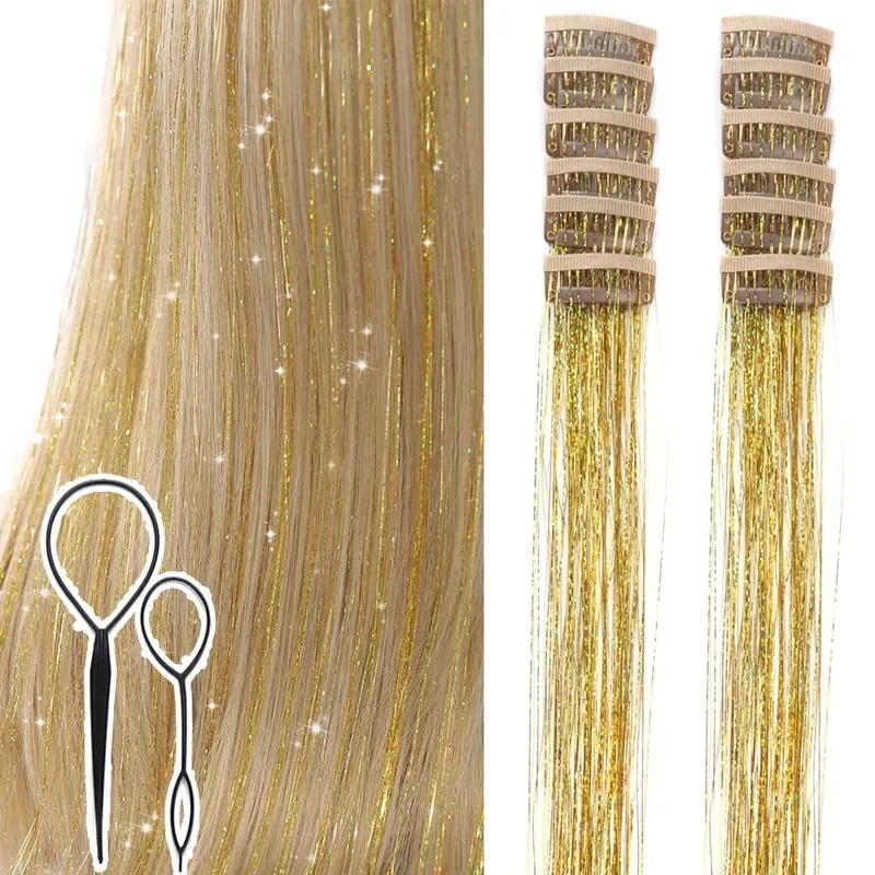 Clip in Hair Tinsel 12 Pcs Hair Tinsel Kit for Girls 20 inch Tinsel Hair Extensions Synthetic Glitter Hair Accessories for Women