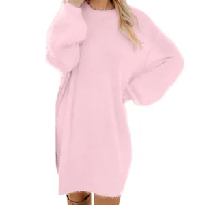 Sweter Musim Dingin Wanita Gaun Kaus Kasual Leher-o Lengan Panjang Hangat Leher Crew Rajut Warna Solid Kain Wanita Dasar Ukuran Besar