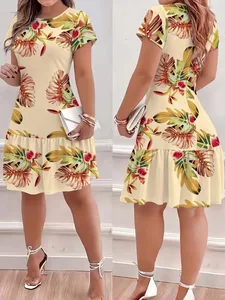 Καλοκαιρινό Bohemian Style Φαρδύ τροπικό στάμπα με στρογγυλή λαιμόκοψη κοντομάνικο φόρεμα Άνετο γιορτινό φόρεμα