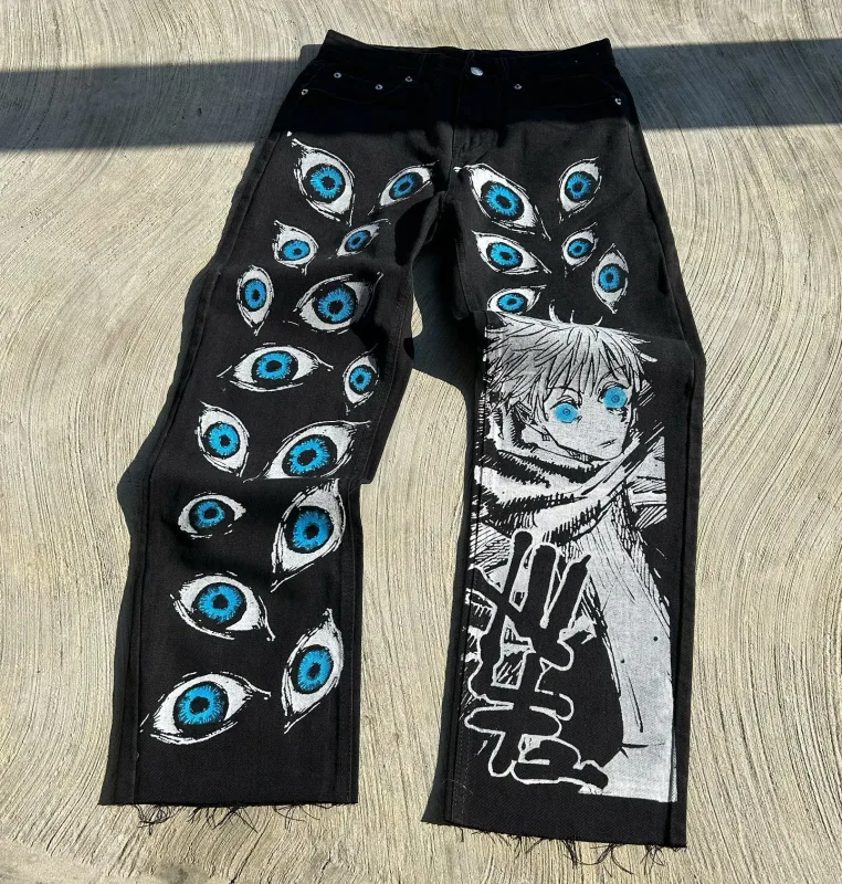 Streetwear ג'ינס Y2K יפני Harajuku היפ הופ הדפסה גרפית Baggy Jeans שחור מכנסיים גברים גותי מותן גבוה מכנסיים רגליים רחבות