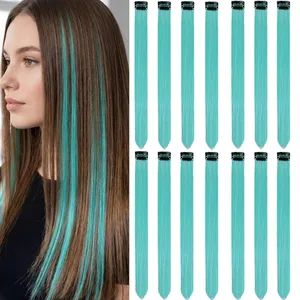Extensions de cheveux synthétiques bleu sarcelle à Clip, 14 pièces, 22 pouces, Extensions colorées à reflets néon, accessoires pour cheveux arc-en-ciel