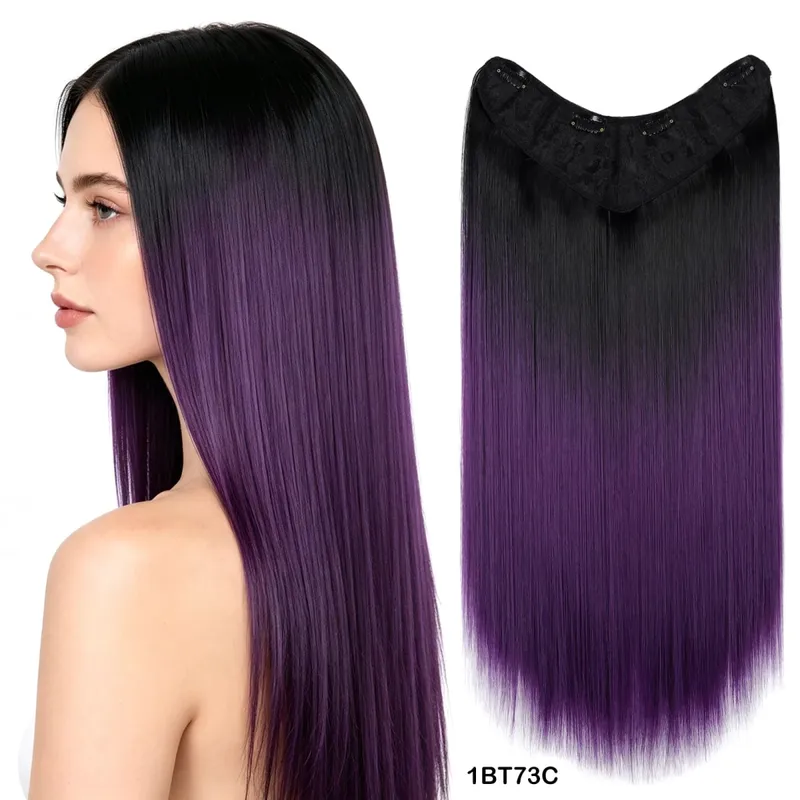 Clip In Hair Extension Ombre Color Brown Blonde V-Shape One Piece Straight Hair Whit 4 Clips Synthetic Hair Pieces For Women