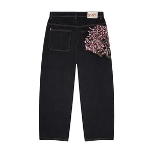 Jeans Bordir Bunga Sakura Saku Retro Amerika Y2k Celana Denim Kaki Lebar Lurus Longgar Kasual Pria Antik Pakaian Jalanan Pinggul