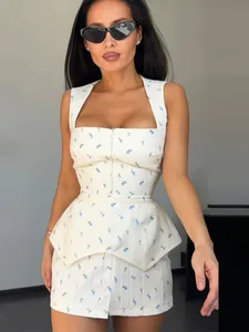 Elegante floral impresso mini vestido com cinto feminino pescoço quadrado sem mangas magro vestidos de verão senhora 2026 novos roupões de praia casuais